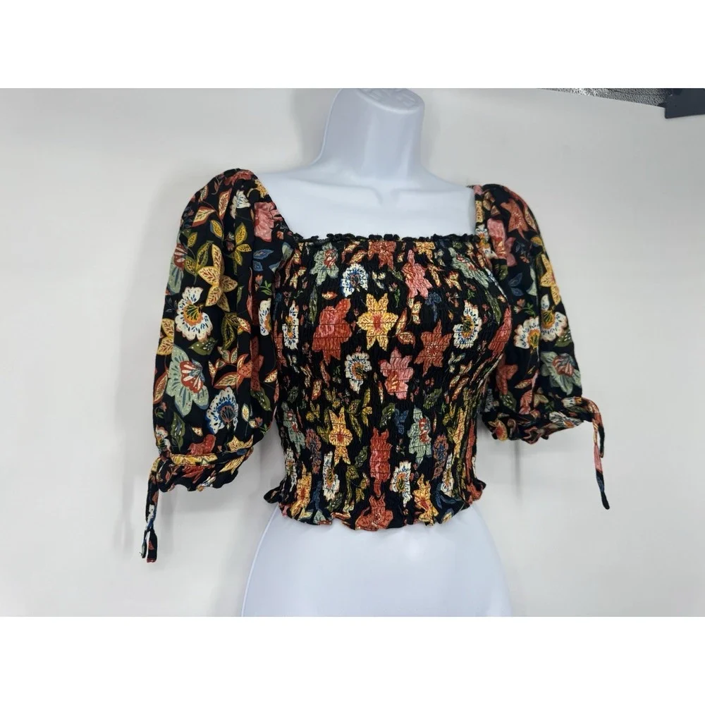 Olivaceous The Impeccable Pig Black Floral Crop Top Smocked cottagecore festival
